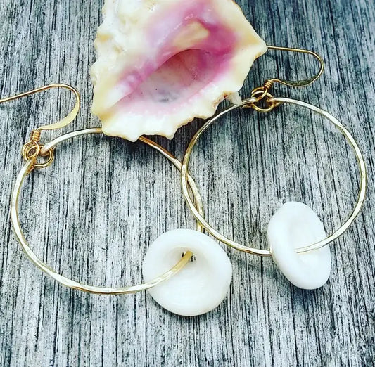 White Puka Shell Hoop Earrings | Medium Hoops