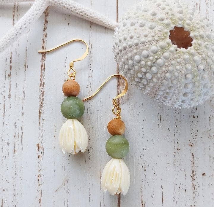 Pikake Flower | Jade | Sandalwood | Hawaiian Flower Earrings