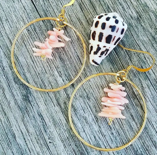 Pink Coral Earrings | Beach Jewelry | Gold Hoops | Pink