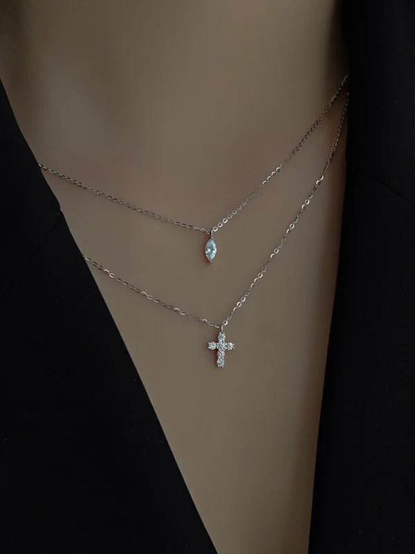 Silver Double Chain Necklace + Cross | Stainless Steel